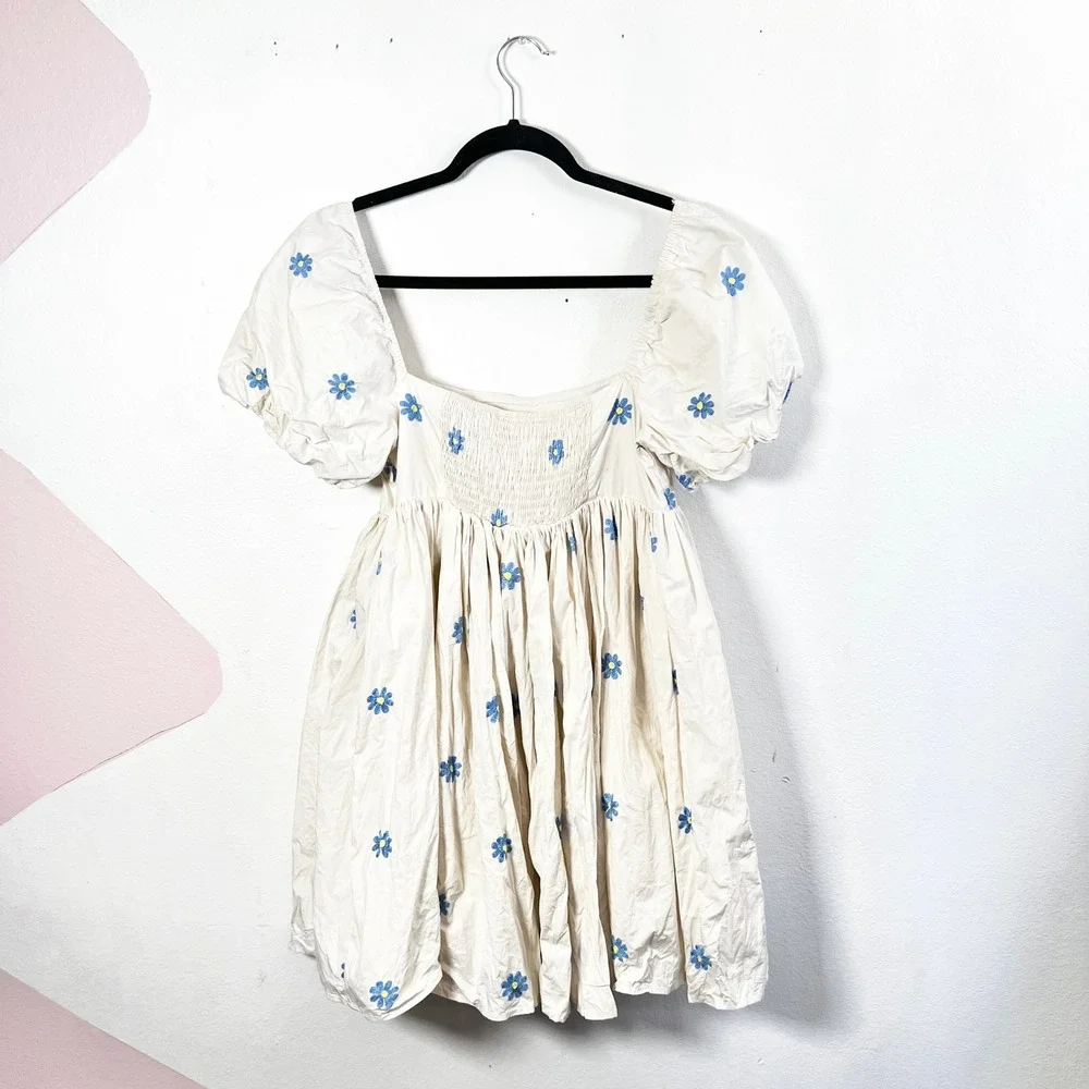 Mable‎ Floral Babydoll Mini Dress Sz Medium Puff Sleeve Picnic Cottagecore